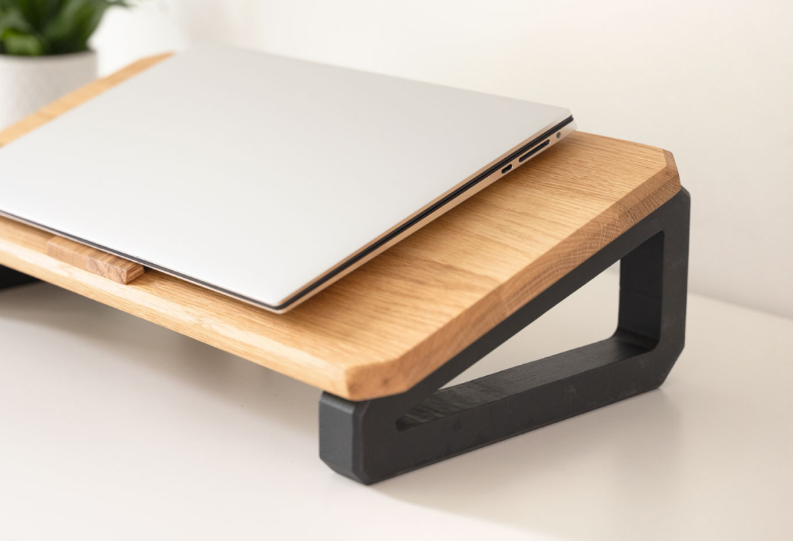 Solid Oak/Black Monitor Stand Double Shelves - justwoodit